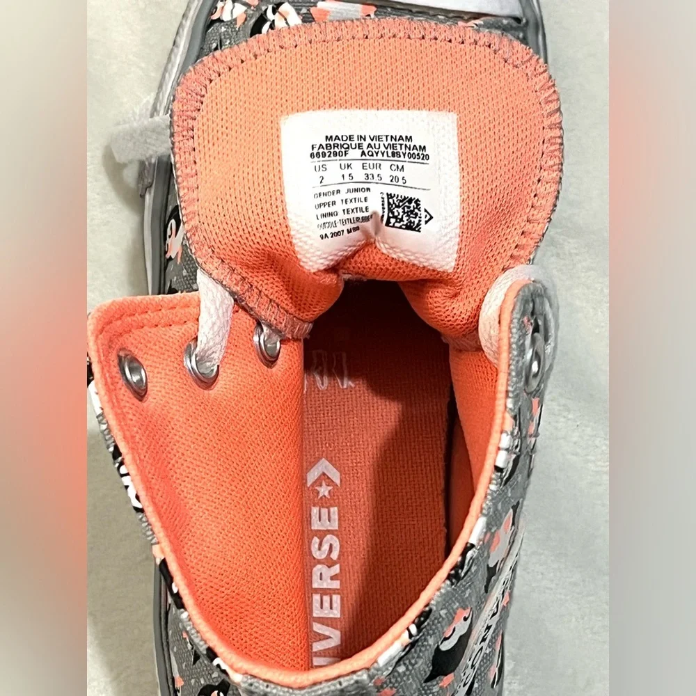 Converse Kids High-Top Sneakers Black, White, and Orange Penguin Tundra Print